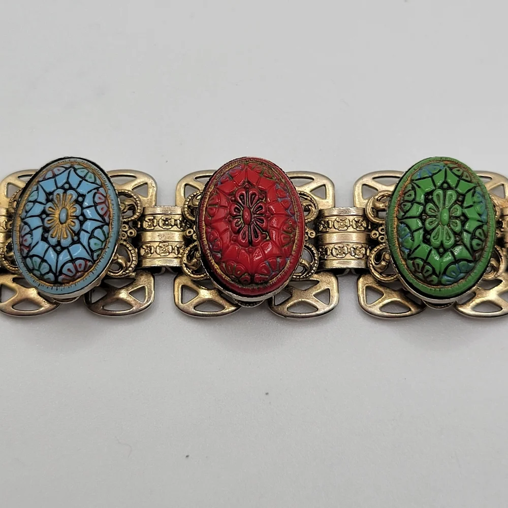 VTG Moroccan Style Multicolored Carved Cabochons Bracelet, Book Chain, Unsigned - Picture 5 of 7